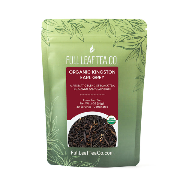 A 2oz bag of Full Leaf Tea Company Organic Kingston Earl Grey Loose Leaf Tea.
