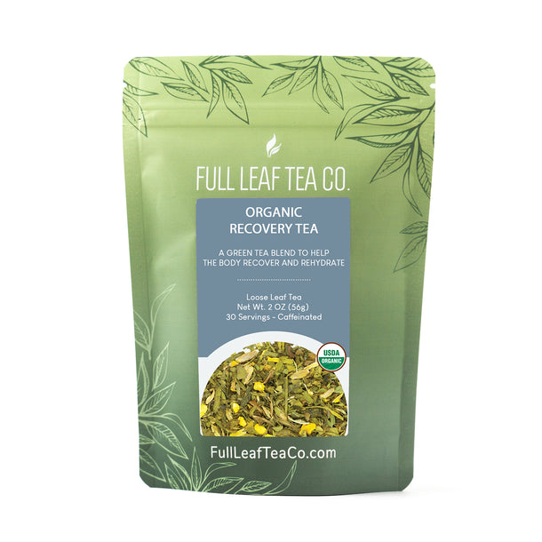 A 2oz bag of Full Leaf Tea Company Organic Recovery Loose Leaf Tea.