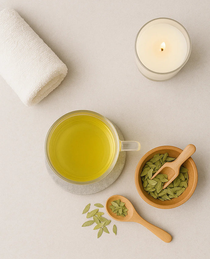 Mug of green tea with a bowl of gsenna leaf and a candle on a light surface