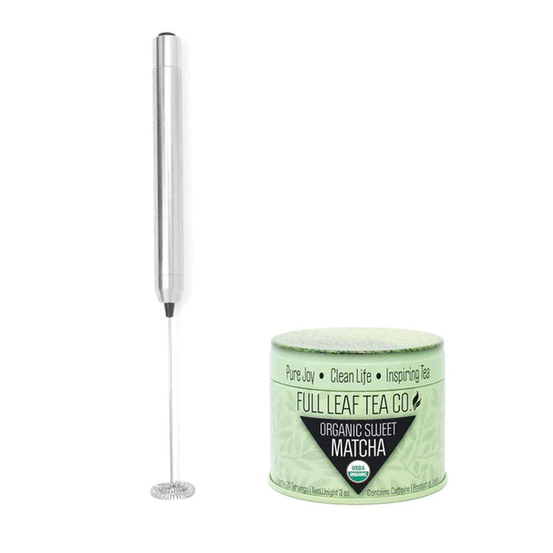 A Matcha Frother next to a tin of Organic Sweet Matcha.