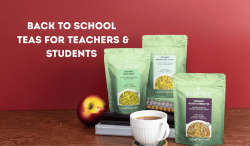 back to school cover photo with tea bags and brewed tea- full leaf tea co.