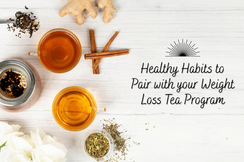 Flat lay of herbal tea ingredients including cinnamon sticks, ginger, loose leaf tea, and two cups of tea with the text 'Healthy Habits to Pair with your Weight Loss Tea Program.'