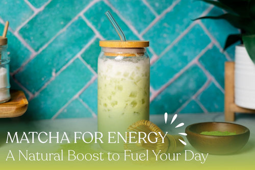 Iced matcha latte in a glass jar with a bamboo lid and glass straw in front of a turquoise tile background, with the text 'Matcha for Energy – A Natural Boost to Fuel Your Day.'