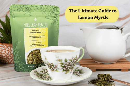 Lemon myrtle tea leave, in a cup and the product bag. 