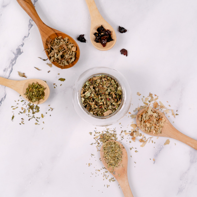 Assorted wooden spoons filled with loose Organic Detox Tea ingredients arranged around a glass jar on a white marble surface.
