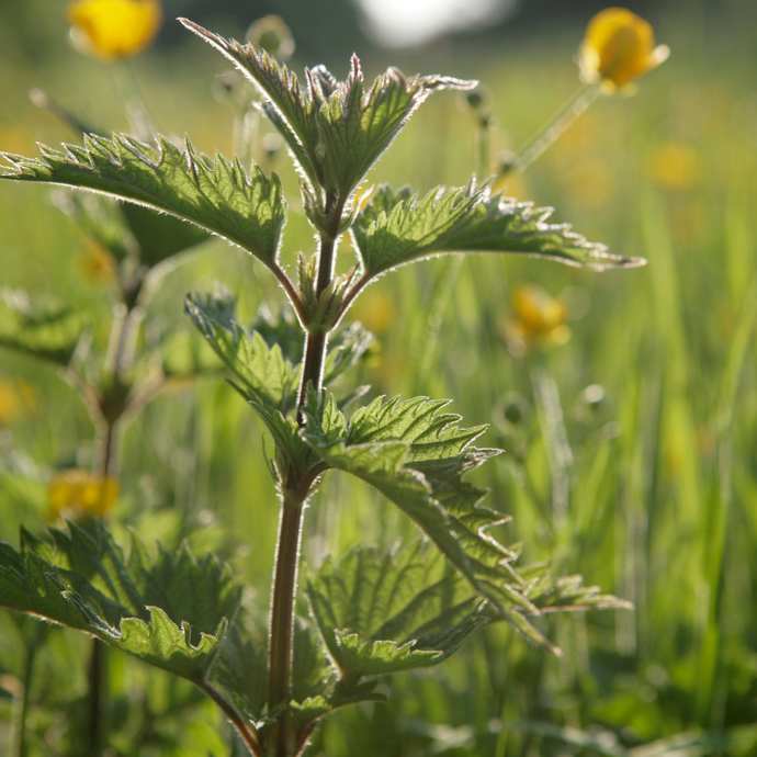 Close-up of a stinging nettle plant in a sunny meadow with soft-focus yellow flowers and green grass in the background.