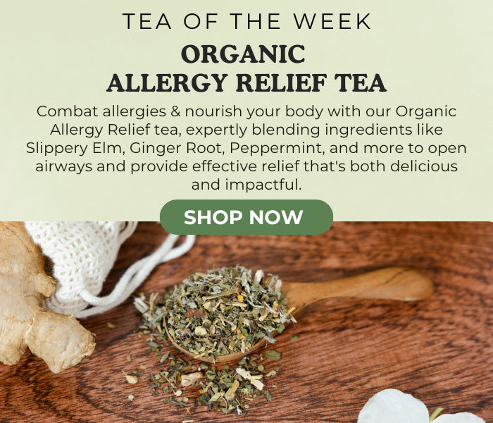 Promotional image for organic allergy relief tea with ingredients on a wooden surface.
