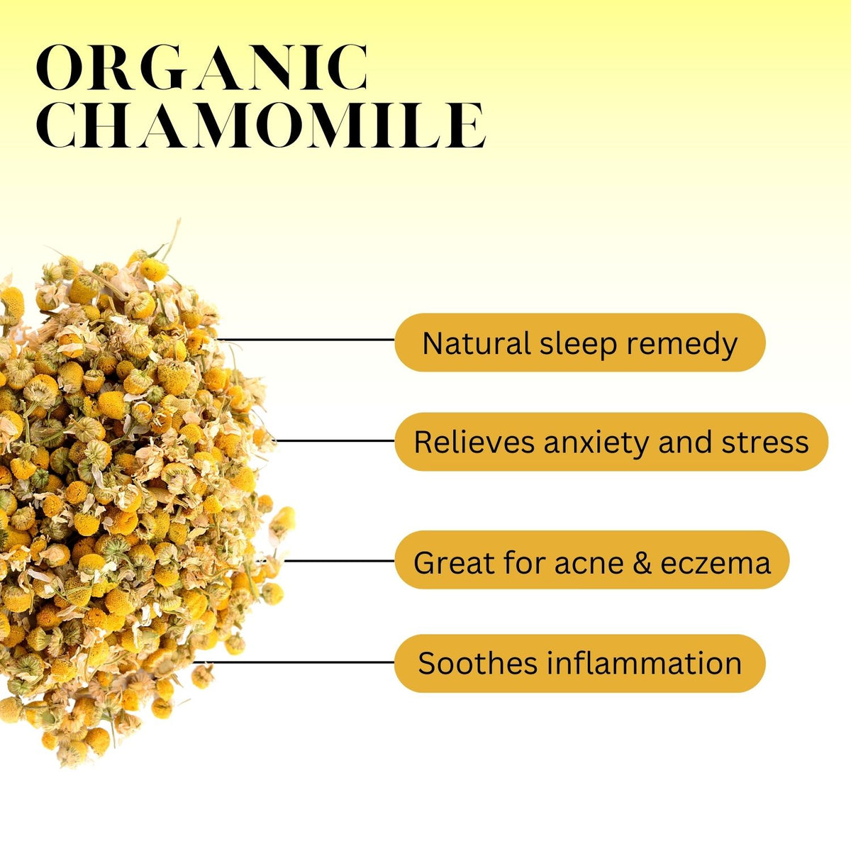 A graphic showing Organic Chamomile with these words: Natural sleep remedy, Relieves anxiety and stress, Great for acne & eczema, Soothes inflammation 