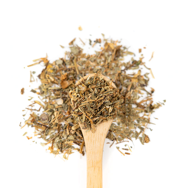 Wooden spoon of Organic Chickweed on a white background.