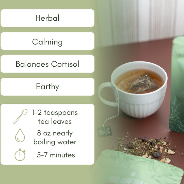 Tea cup with cortisol herbs and brewing instructions on a wooden surface