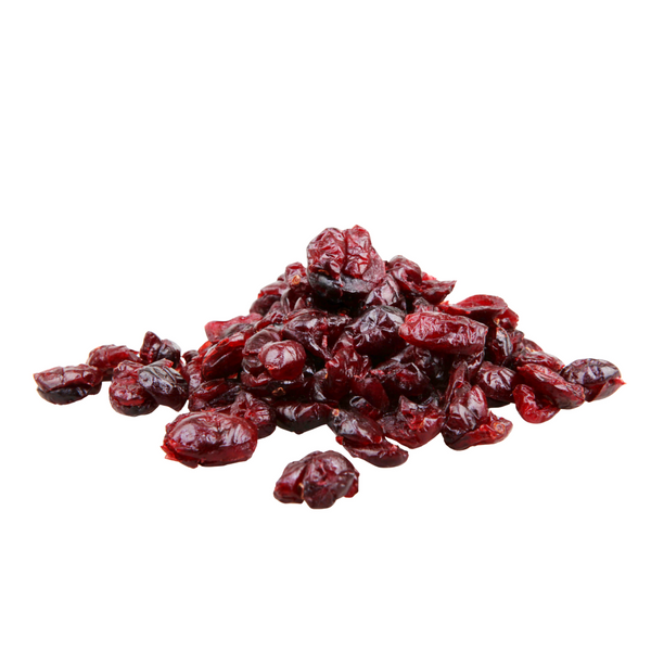 Pile of dried cranberries on a white background.