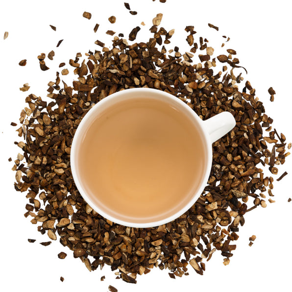 White cup of tea surrounded by dry dandelion root on a white background