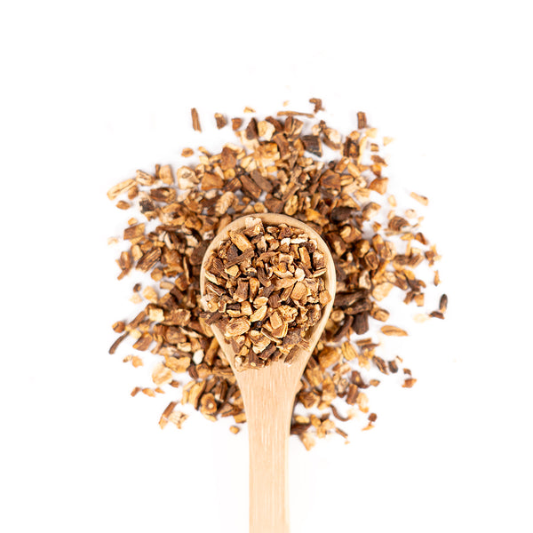 Wooden spoon of Organic Dandelion on a white background.