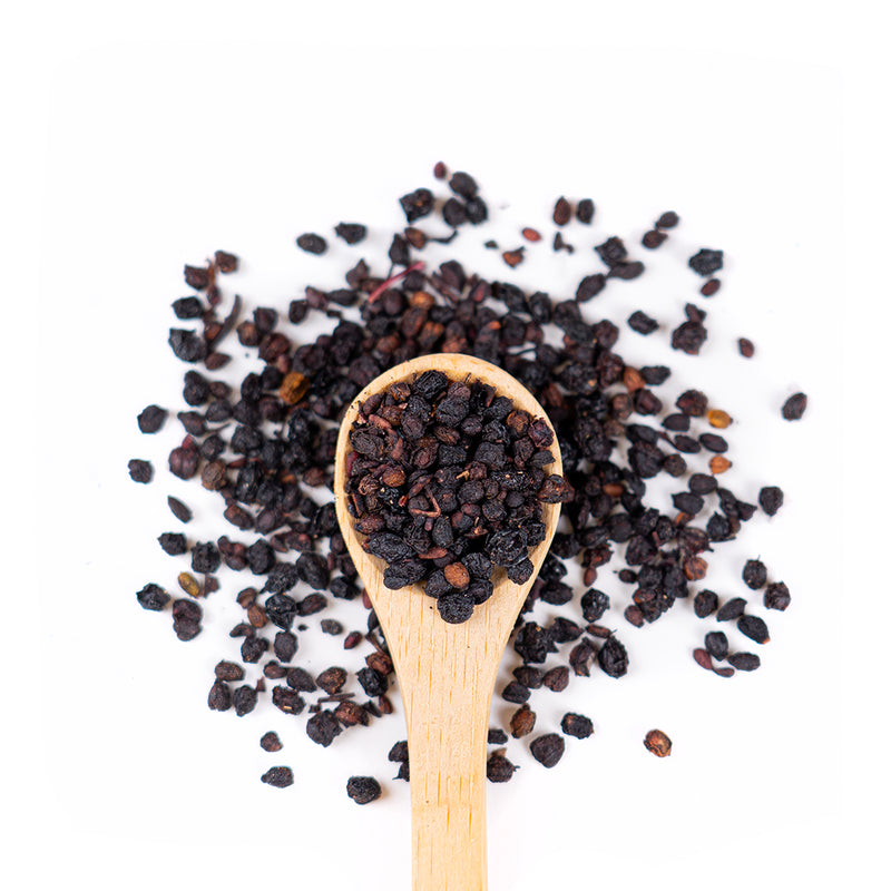 Wooden spoon of Organic Elderberries on a white background.