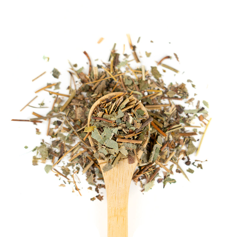Wooden spoon of Organic Epimedium on a white background.