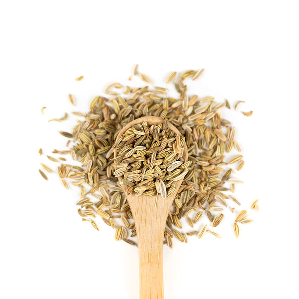 Wooden spoon of Organic Fennel on a white background.