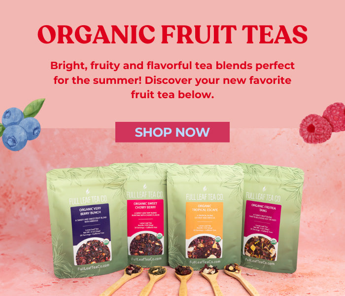 Promotional image of organic fruit teas with packaging and a 'Shop Now' button on a pink background.