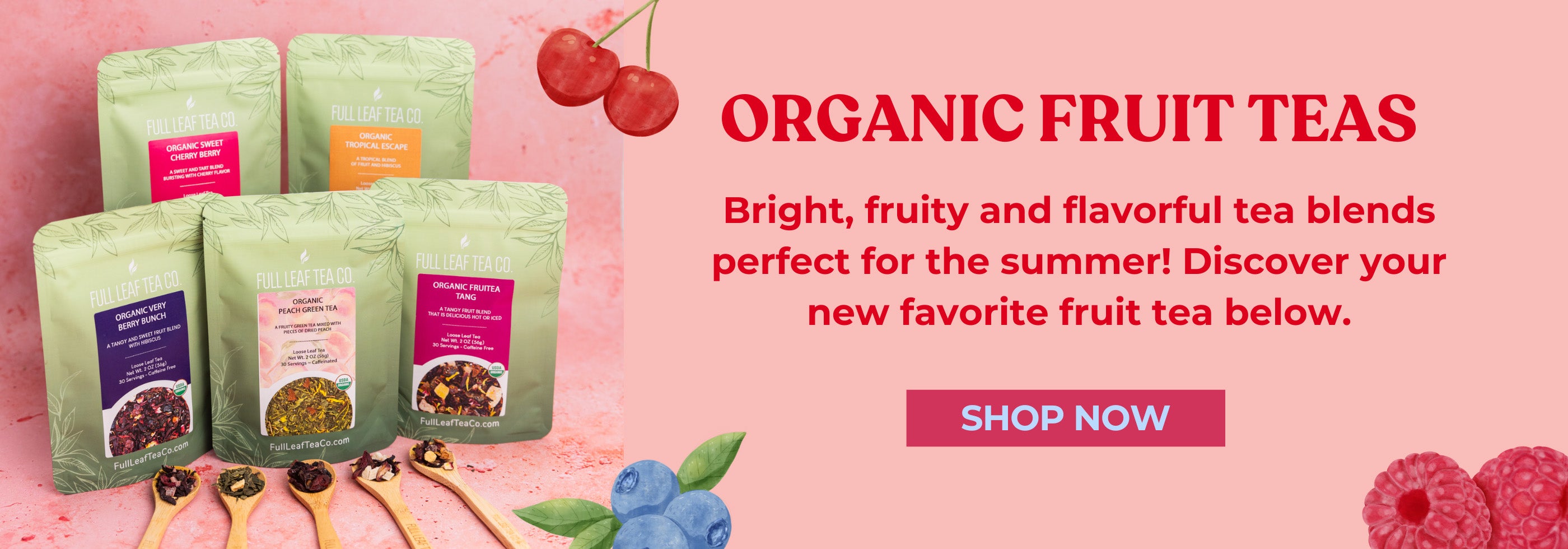 Promotional image of organic fruit teas with packaging and cherry illustrations on a pink background.