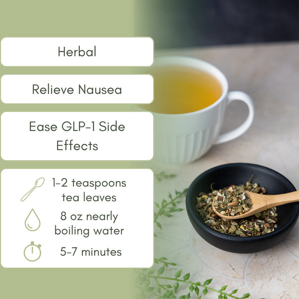 GLTea cup with GLTEA herbs and text on its benefits and preparation.