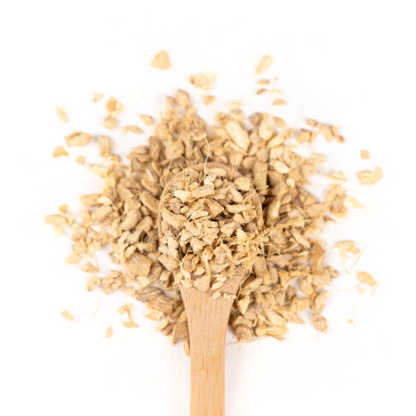 Wooden spoon of Organic Ginger Root on a white background.