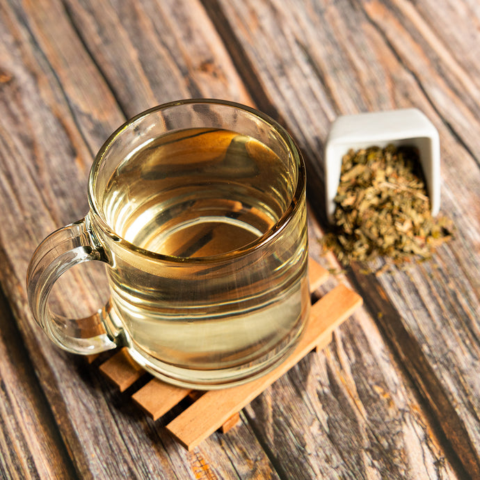 A clear mug filled with ginkgo biloba tea on top of a wooden coaster. Beside the mug is a pile of ginkgo biloba and the image is taken on top of a wooden surface. 