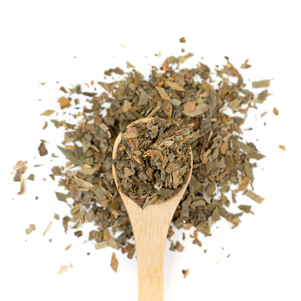 Wooden spoon of Organic Ginkgo Biloba on a white background.