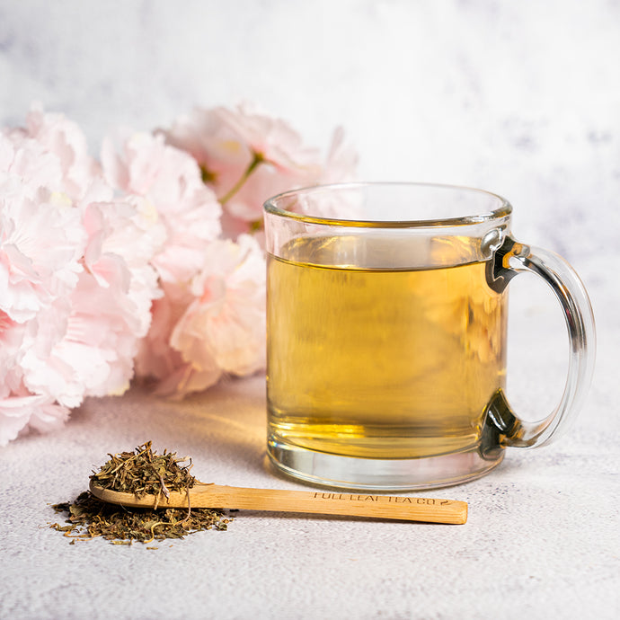 Clear mug of gotu kola tea with dried tea leaves and a wooden spoon on a light background