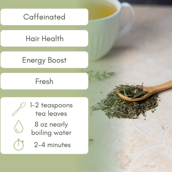 Hair Health tea leaves with a wooden spoon and a cup of tea, accompanied by text on caffeine content, hair health, energy boost, and brewing instructions.