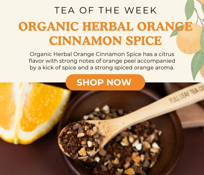 Promotional image for organic herbal orange cinnamon spice tea with a wooden spoon and the blend.