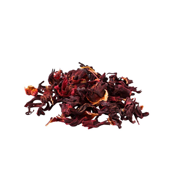 Dried hibiscus flowers on a white background