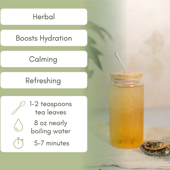 Mason glass with hydration tea herbs and brewing instructions on a white surface