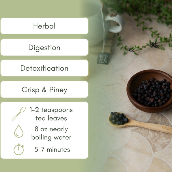 Tea-making instructions with a bowl of juniper berries and a teacup on a light green background.