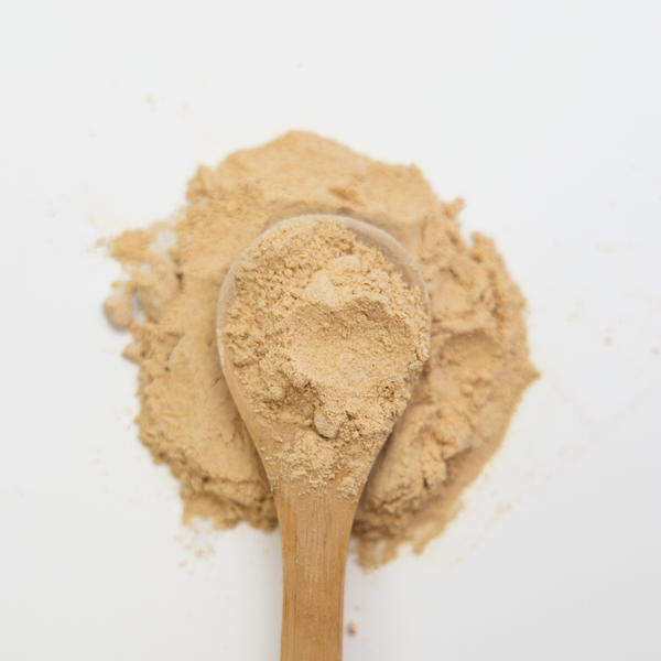 Wooden spoon with maca powder on a white background