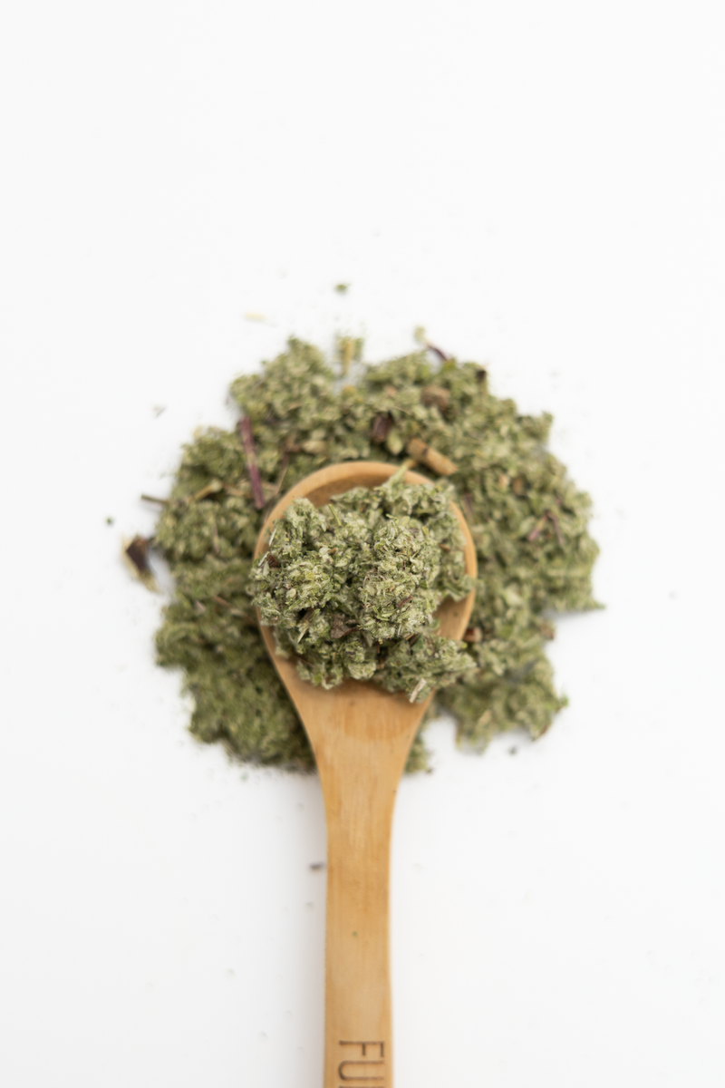 Wooden spoon filled with mugwort herbs on a white background
