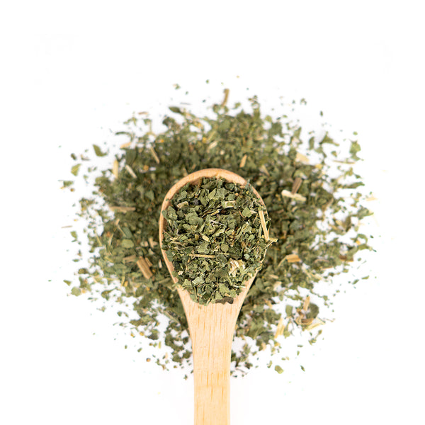Wooden spoon of Organic Nettle on a white background.