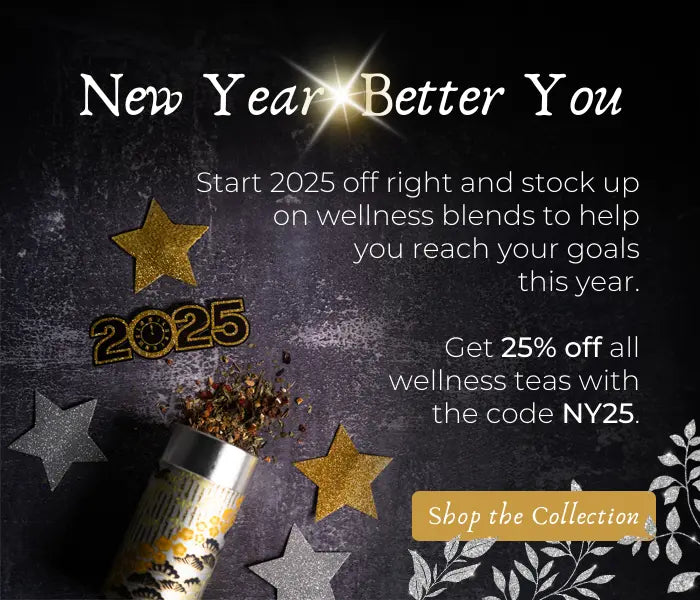 New Year sale banner for Full Leaf Tea Company featuring a 25% discount on wellness teas for 2025 with code NY25