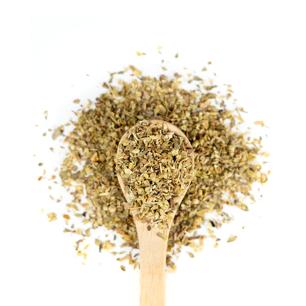 Wooden spoon of Organic Oregano on a white background.