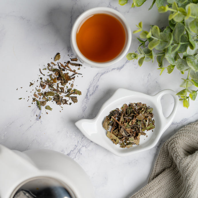 Tea cup with tea leaves, a ceramic holder, and a plant on a marble surface