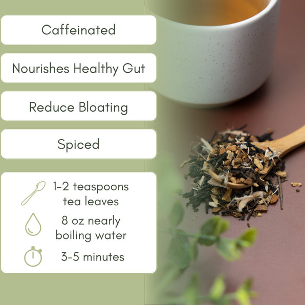Tea cup with prebiotic herbs and brewing instructions on a wooden surface