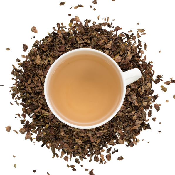 White cup of tea surrounded by dry rhodiola leaves on a white background