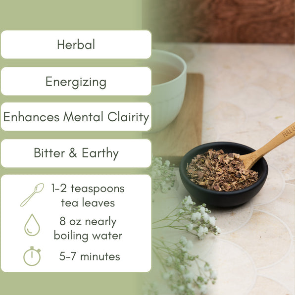 Rhodiola leaves in a bowl with a wooden spoon, tea cup, and text about rhodiola tea benefits on a light background.