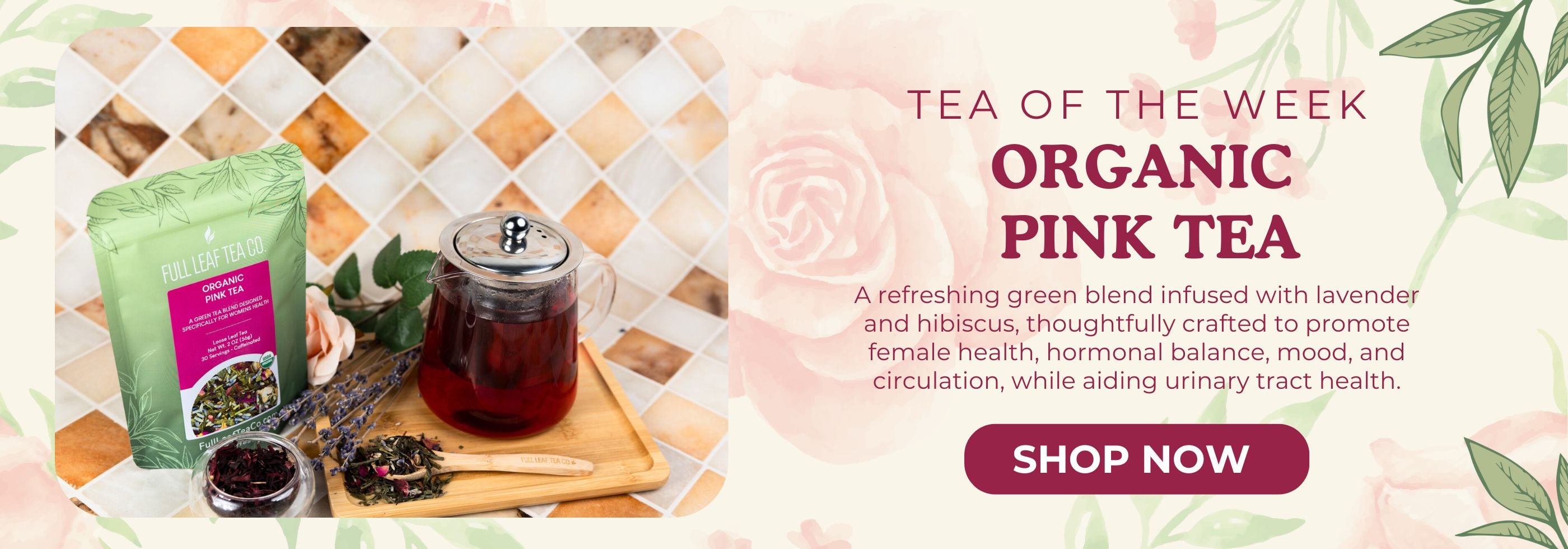 Promotional banner for organic pink tea with packaging, teapot, and flowers on a decorative background.