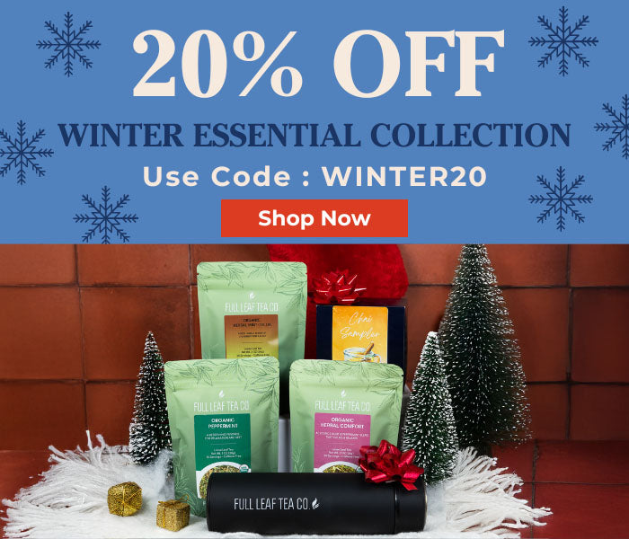 Promotional banner for a winter essential collection with tea packages and decorative items, featuring a 20% off discount with code WINTER20 and a 'Shop Now' button.