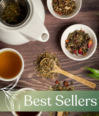 Assortment of loose leaf teas with wooden spoons and a teapot, labeled 'Best Sellers.