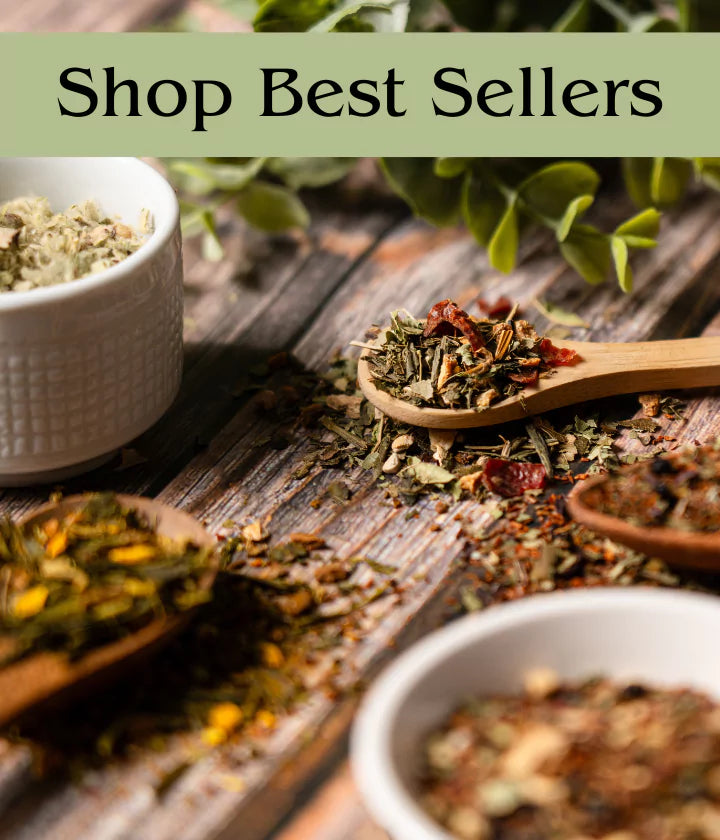 Loose leaf teas strewn across table, text stating 'Shop Best Sellers' and the graphic takes you to the Best Sellers collection