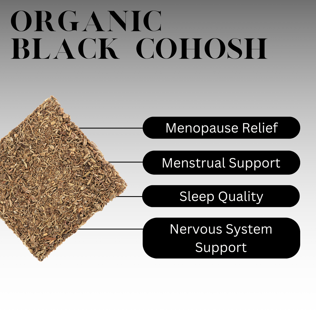 Infographic titled ‘Organic Black Cohosh’ showing a pile of dried black cohosh root on the left with labeled benefits on the right, including menopause relief, menstrual support, improved sleep quality, and nervous system support.