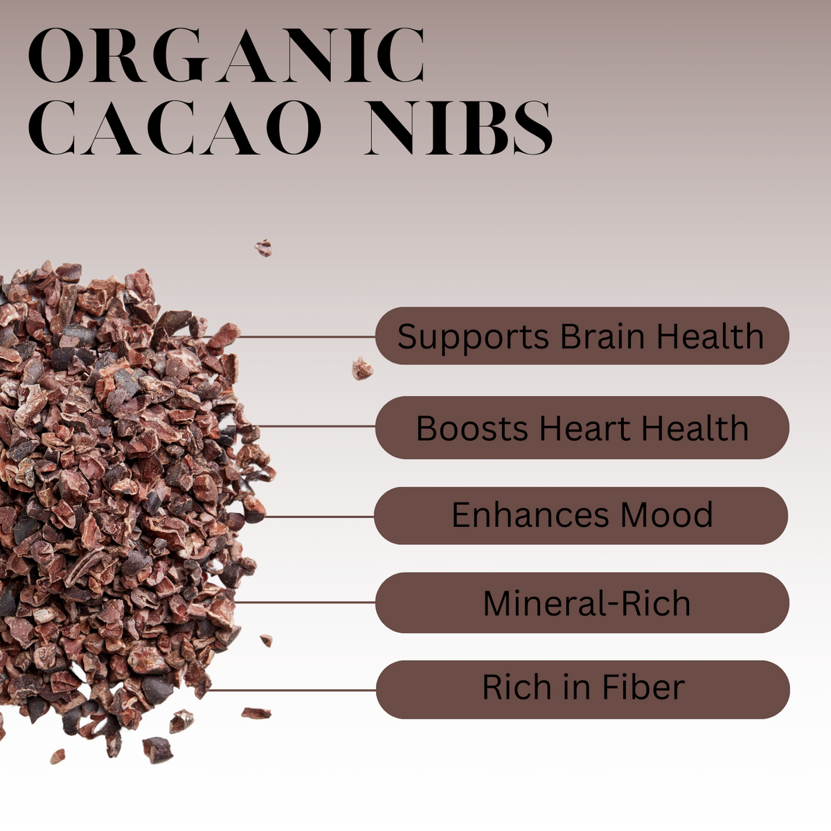 Infographic titled ‘Organic Cacao Nibs’ showing a pile of cacao nibs on the left with labeled benefits including supports brain health, boosts heart health, enhances mood, mineral-rich, and rich in fiber.
