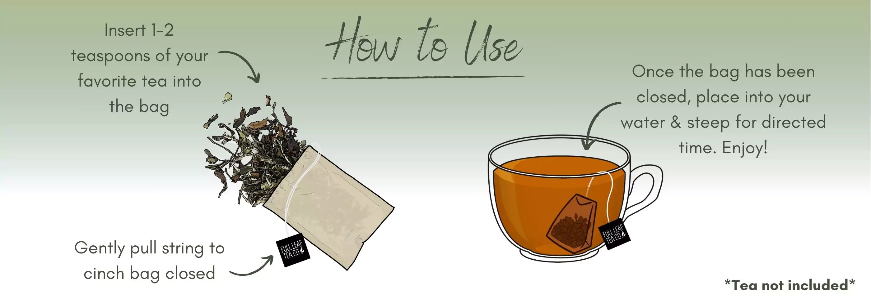 Illustration showing how to use a tea bag. First, insert 1-2 teaspoons of your favorite tea into the bag. Gently pull the string to cinch the bag closed. Then, place the bag into your water and steep for the directed time. Enjoy! Tea not included.