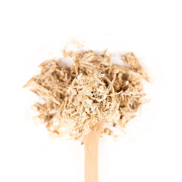 Organic Marshmallow Root on a wooden spoon.