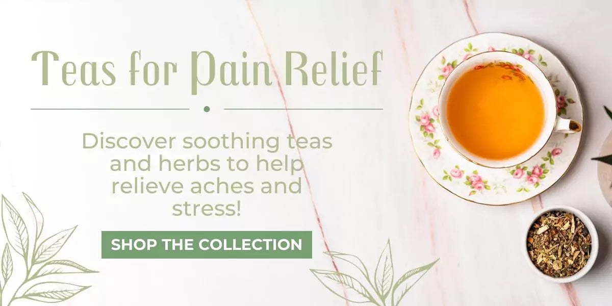 Teas for Pain Relief Banner - Teacup with Tea next to Ingredients